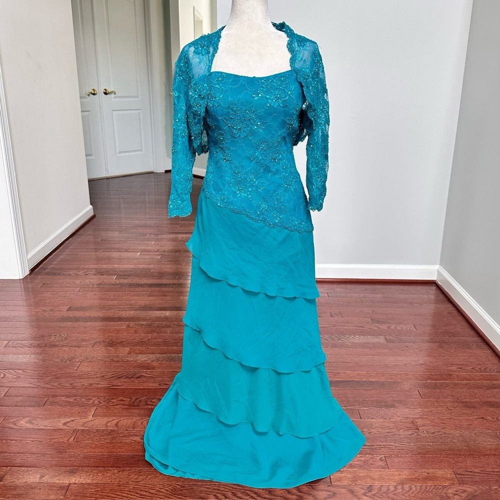 Caterina Collection Lace Teal Green Blue Gown Dress & Shawl Matching Set Size 10